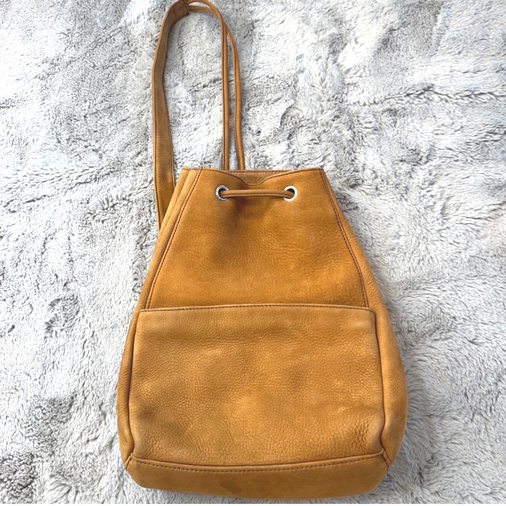 Eddie Bauer Tan Suede Leather Bag Drawstring One Shoulder Backpack Purse